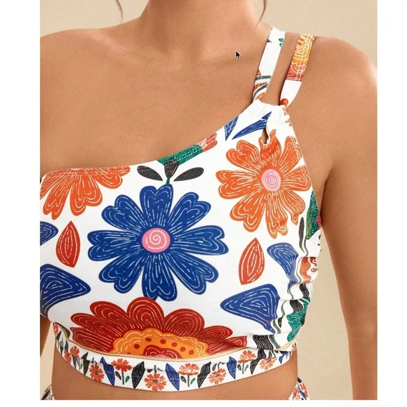 boho Floral Print One Shoulder High Waisted Monokini 2 piece swim set - Picture 2 of 4